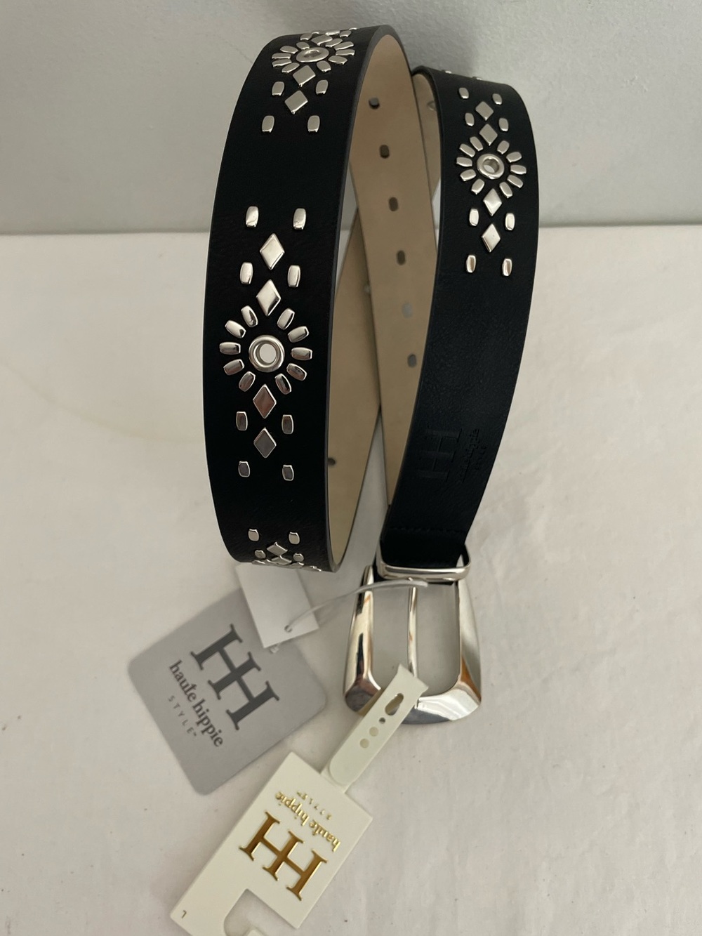 Haute Hippie Black Faux Leather Studded Belt with Silver Buckle Sz. L - Picture 11 of 12